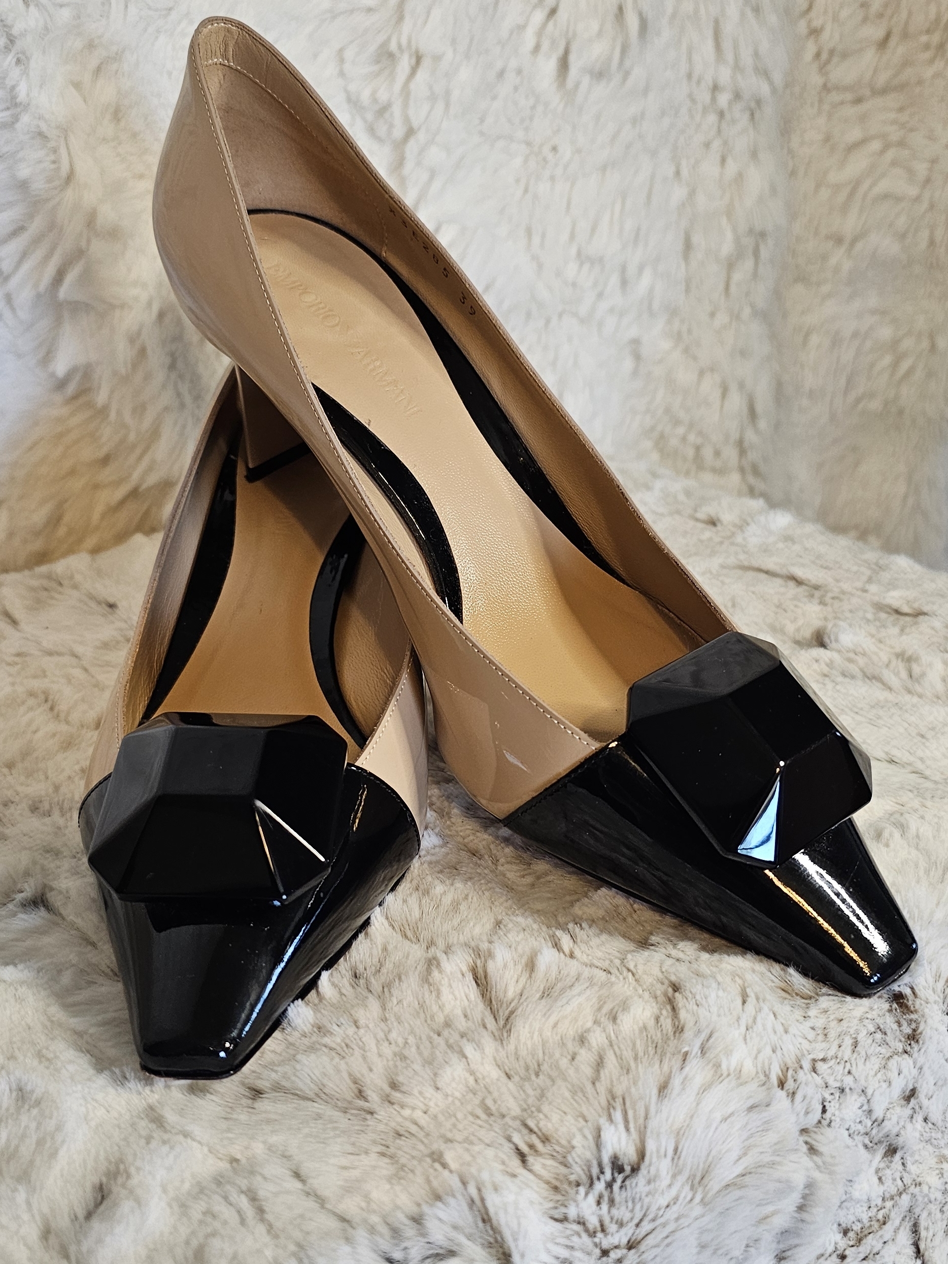 Emporio Armani Nude And Black Patent Pointed Toe Kitten Heel!